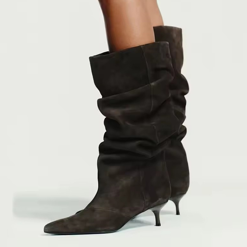 Women'S Fashion Knee High Boots - Liyke Podyum Modası Pileli Süet Diz