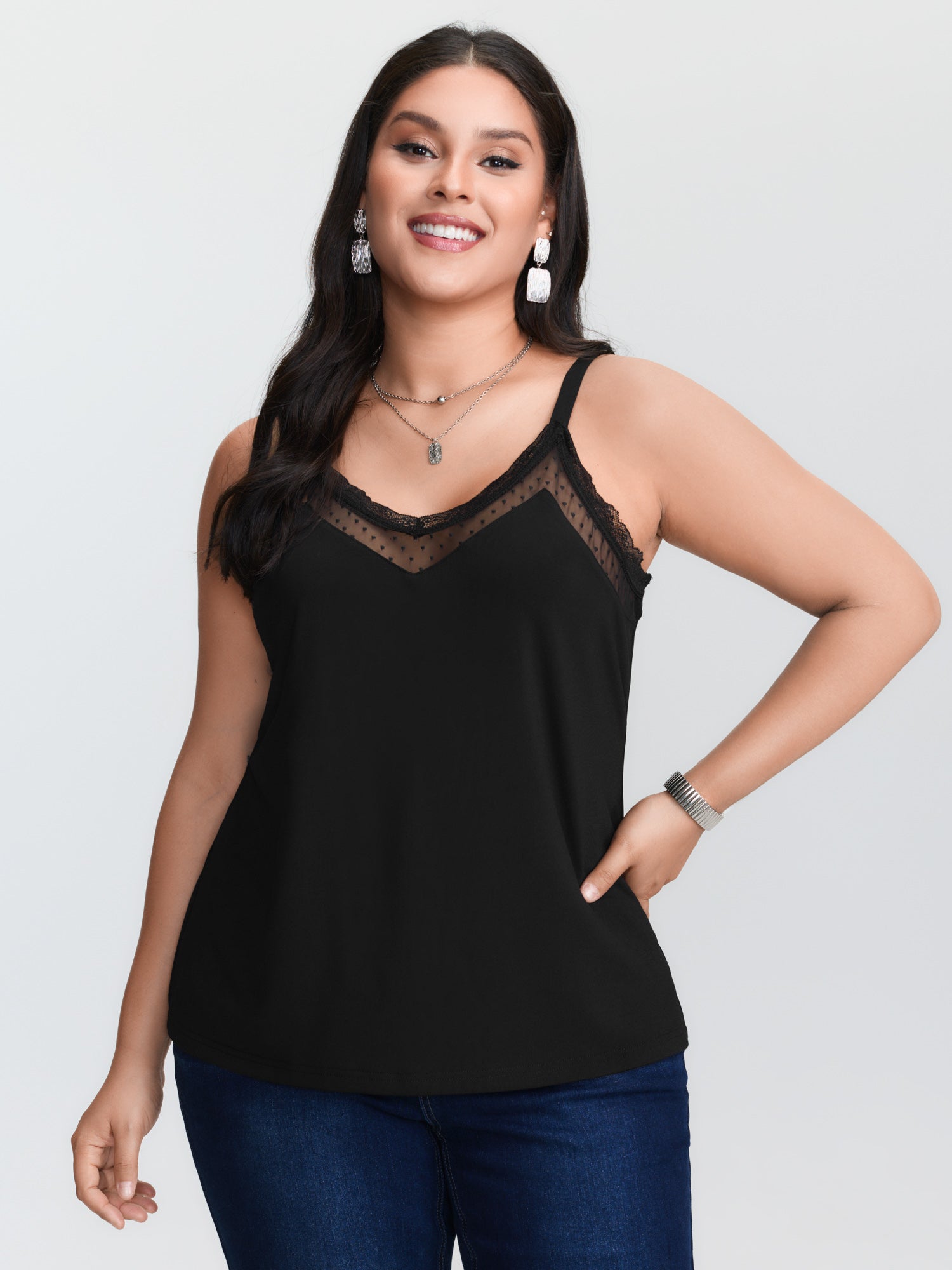 Büyük beden, siyah, örgü görün - Lace Trim Cami incelemesi ve fiyatı